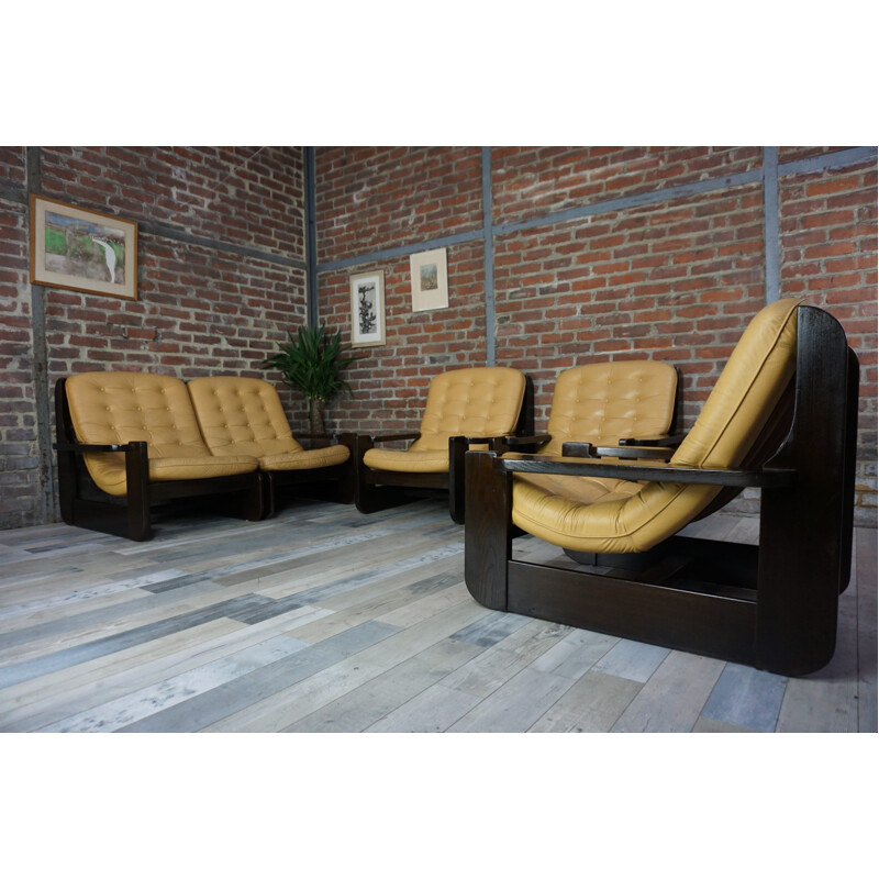 Living room in solid wood and yellow leather - 1960s