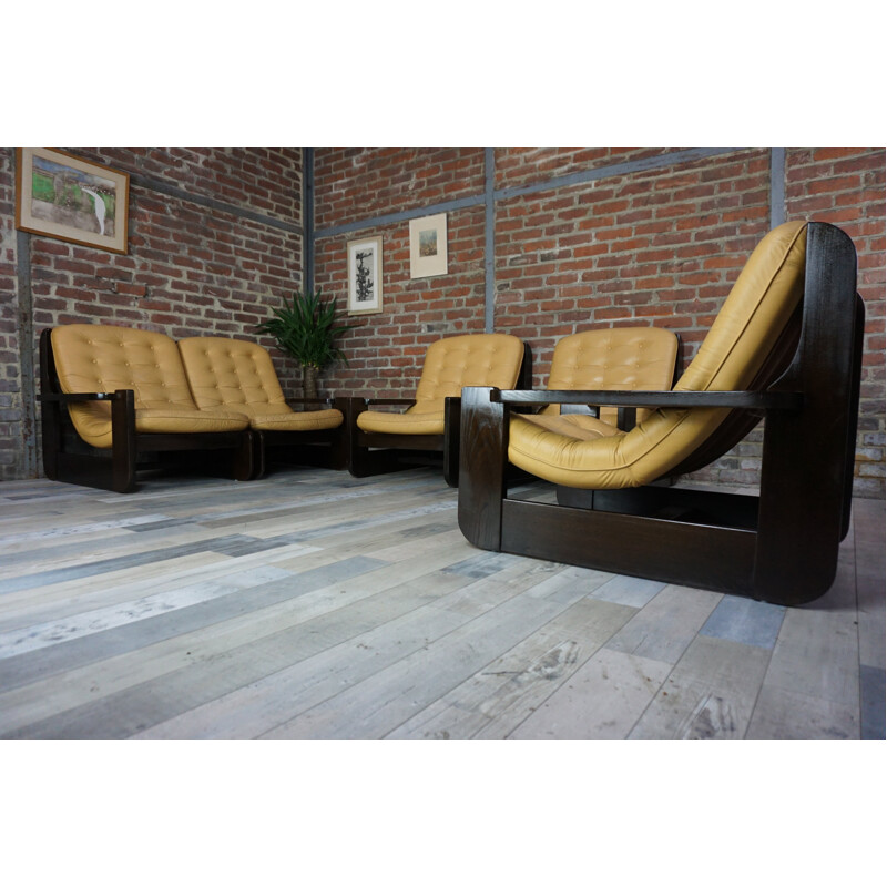 Living room in solid wood and yellow leather - 1960s