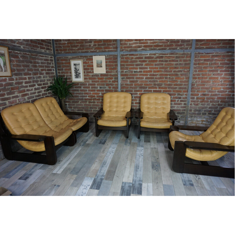 Living room in solid wood and yellow leather - 1960s