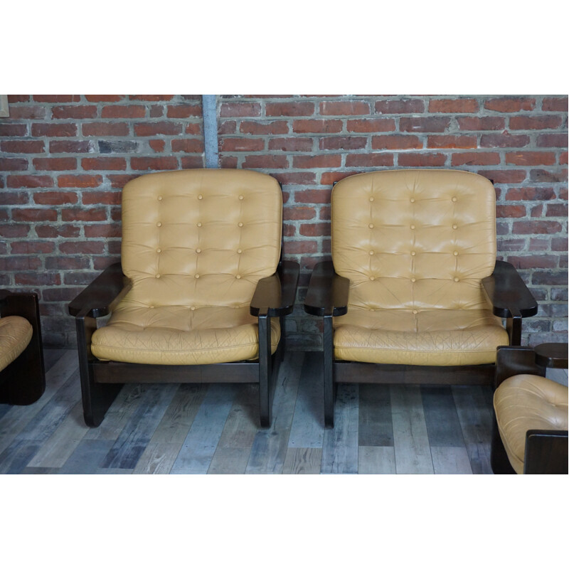 Living room in solid wood and yellow leather - 1960s