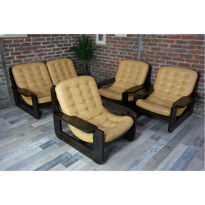 Living room in solid wood and yellow leather - 1960s