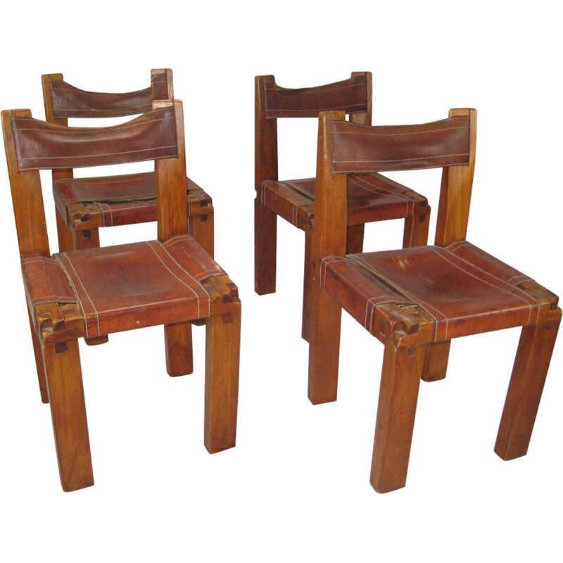Suite de 4 chaises S11 en orme massif et cuir de Pierre Chapo - 1970