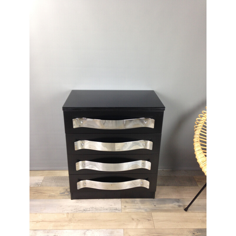 Black dresser with chrome handles and glass top - 1960s