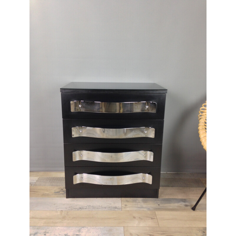 Black dresser with chrome handles and glass top - 1960s