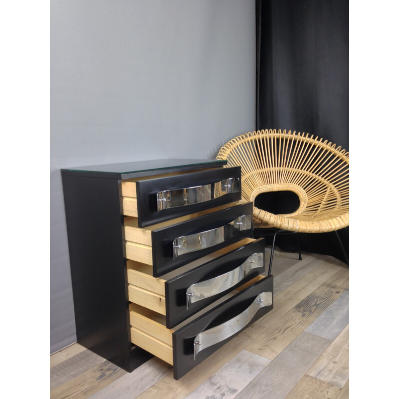 Black dresser with chrome handles and glass top - 1960s