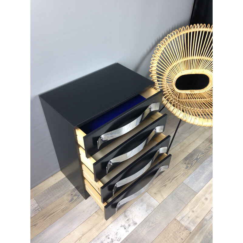 Black dresser with chrome handles and glass top - 1960s