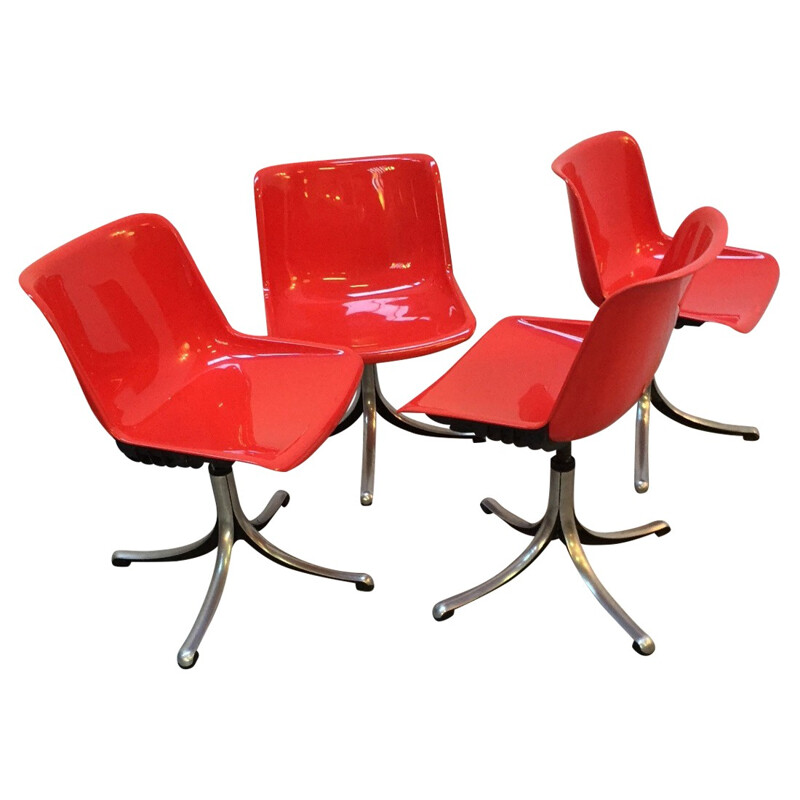 Set of 4 red "Modus" armchairs by Tecno - 1970s