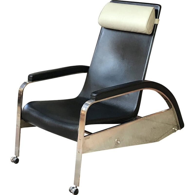 Fauteuil TECTA vintage en métal et cuir noir - 1980