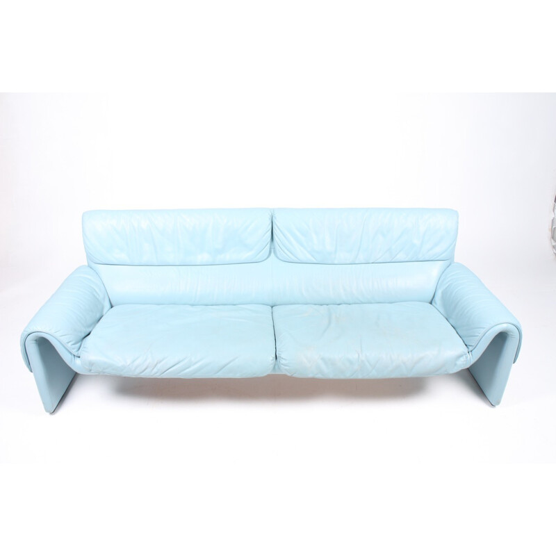 Vintage Blue Leather Sofa by De Sede - 1980s