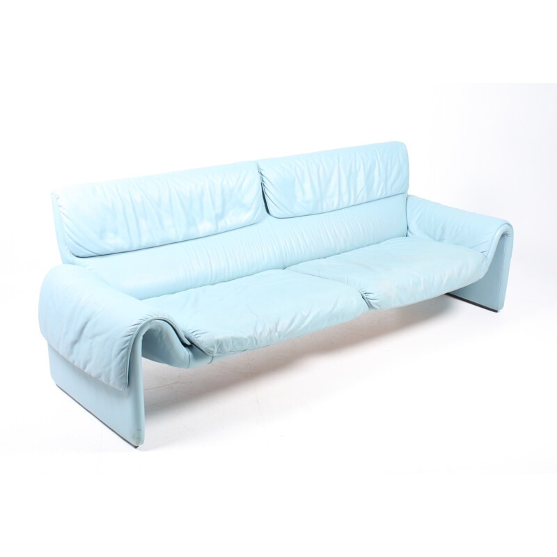 Vintage Blue Leather Sofa by De Sede - 1980s