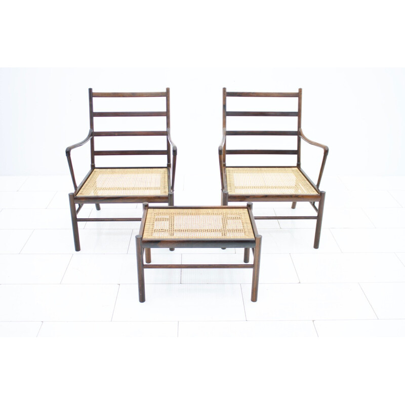 Paire de fauteuils coloniales avec tabouret par Ole Wanscher pour Poul Jeppesen, Danemark - 1960