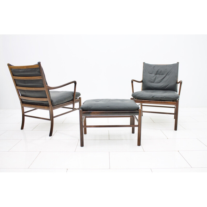 Pair of Colonial armchairs with Stool by Ole Wanscher for Poul Jeppesen. Denmark - 1960s