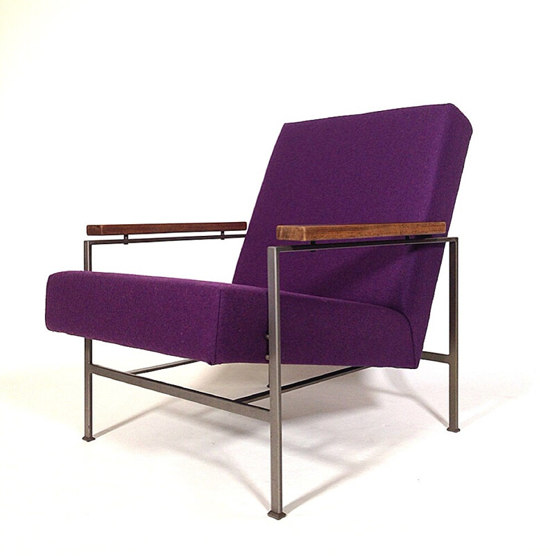 "Lotus" lounge chair in solid teak and violet fabric, Rob PARRY - 1960s