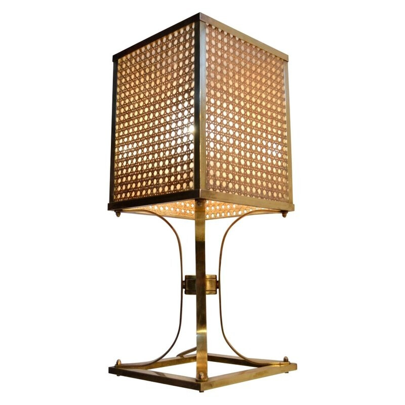 Brass lucite and rattan table lamp - 1970s