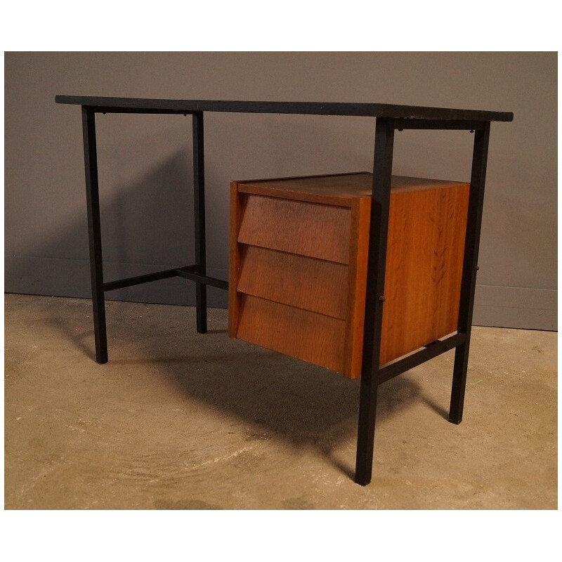 Vintage french lacquered steel and wooden desk - 1950s