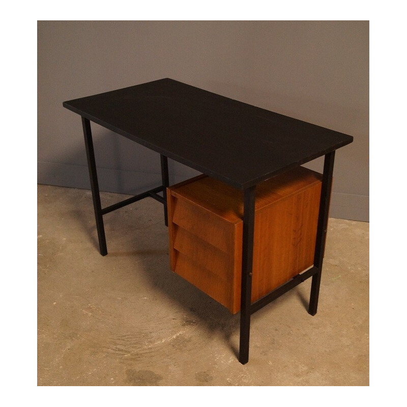 Vintage french lacquered steel and wooden desk - 1950s