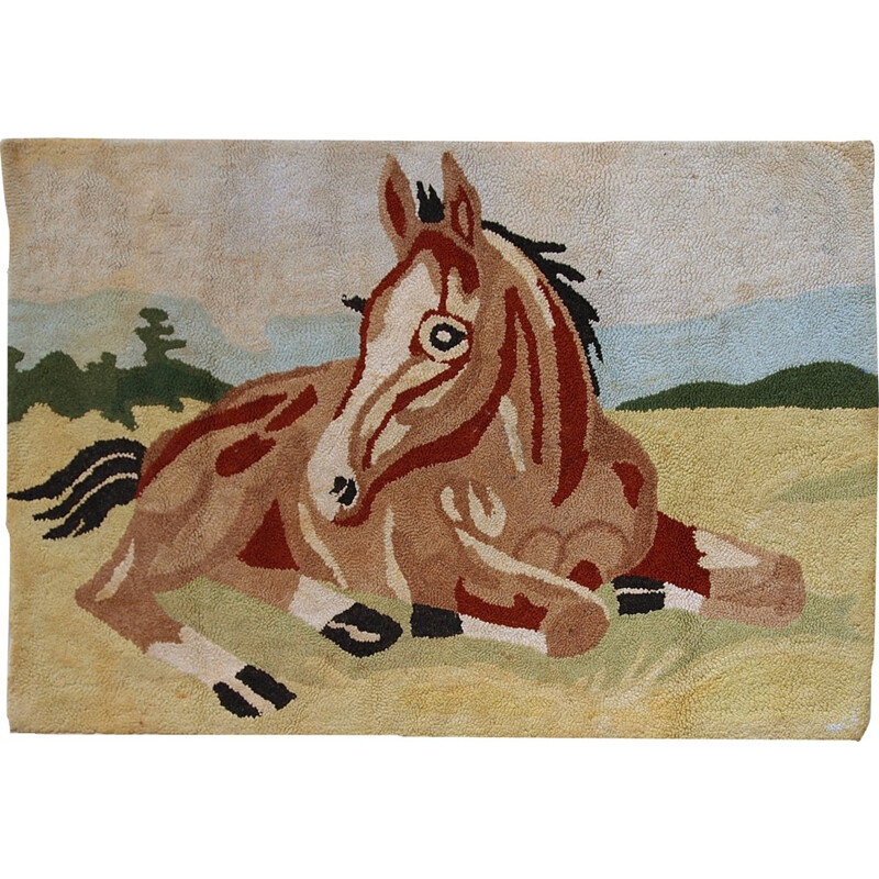 Vintage Handmade American hooked rug - 1940s