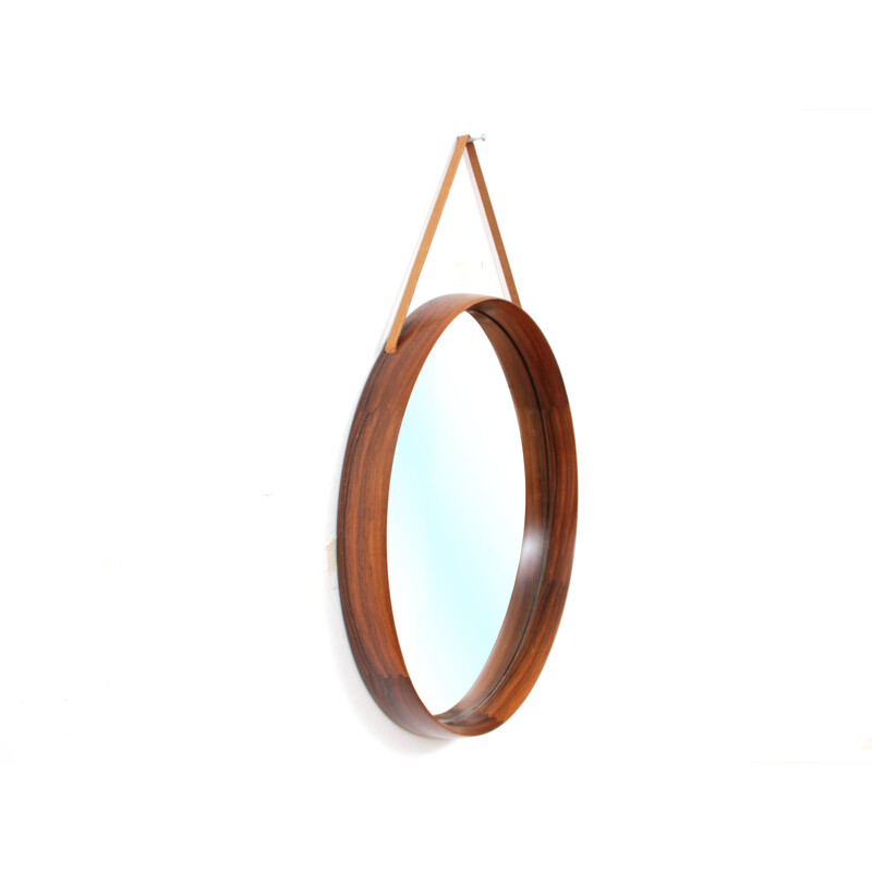 Scandinavian circular wall mirror in rosewood by Uno & Östen Kristiansson for Luxus - 1960s