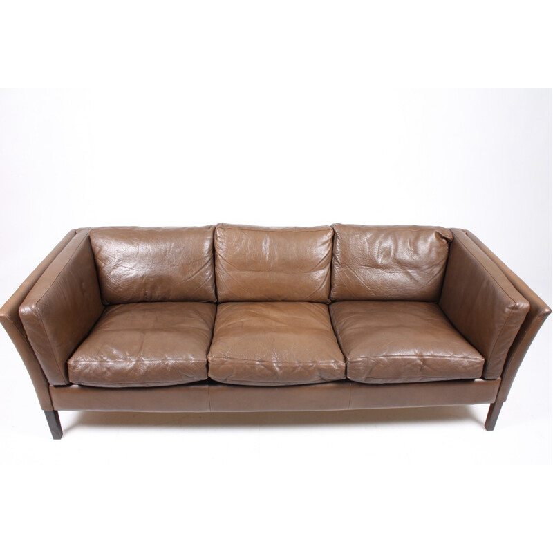 Danish Brown Leather Sofa - 1980s