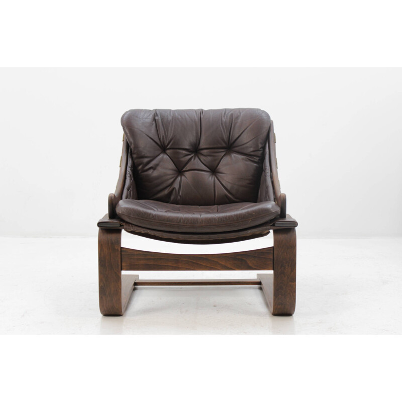 Fauteuil Lounge Scandinave en bois courbé et cuir - 1960