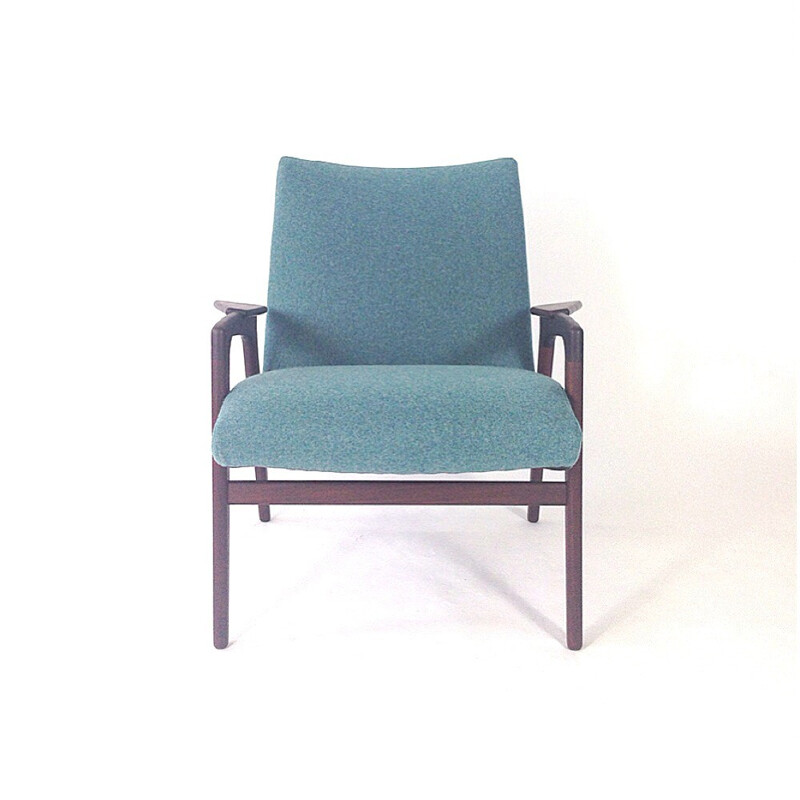 Armchair in solid teak and blue turquoise fabric, EKSTRÖM - 1950s