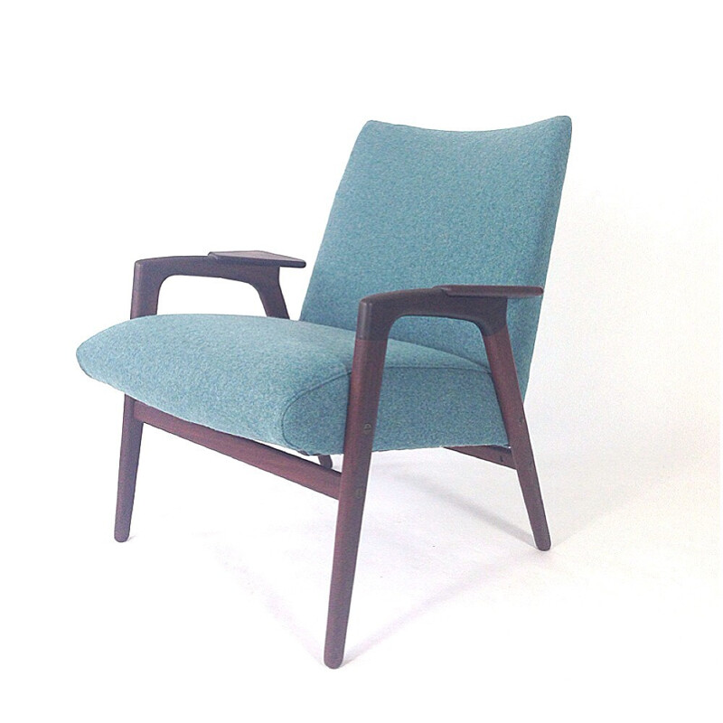 Armchair in solid teak and blue turquoise fabric, EKSTRÖM - 1950s