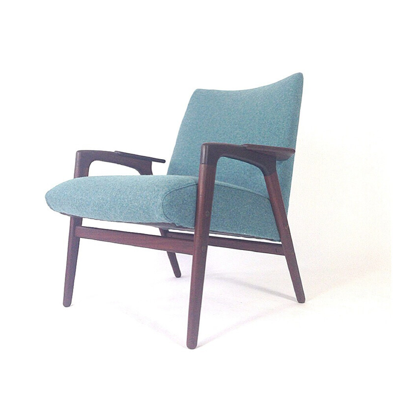 Armchair in solid teak and blue turquoise fabric, EKSTRÖM - 1950s