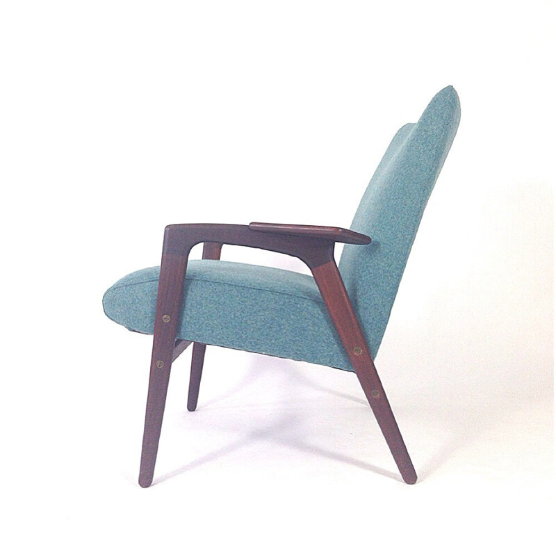 Armchair in solid teak and blue turquoise fabric, EKSTRÖM - 1950s
