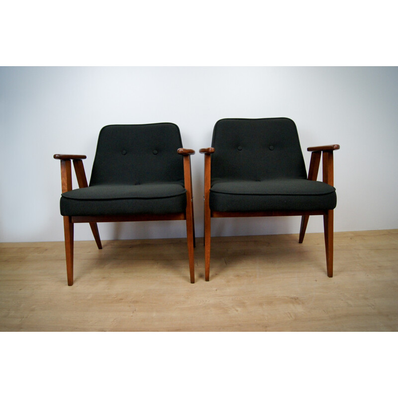 Pair of vintage black 366 armchairs by Jozef Marian Chierowski - 1960s