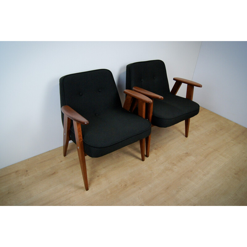 Pair of vintage black 366 armchairs by Jozef Marian Chierowski - 1960s