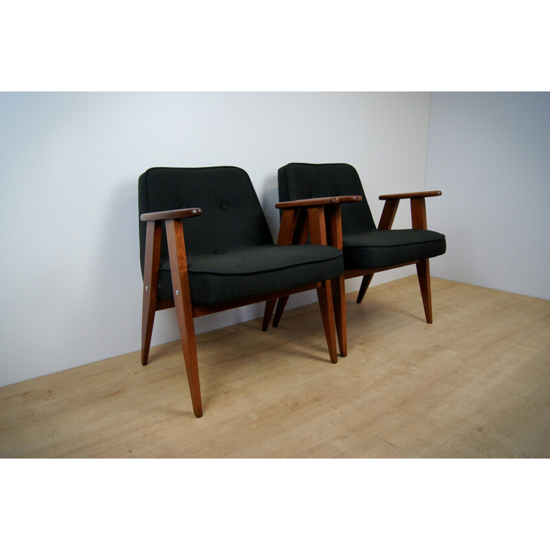 Pair of vintage black 366 armchairs by Jozef Marian Chierowski - 1960s