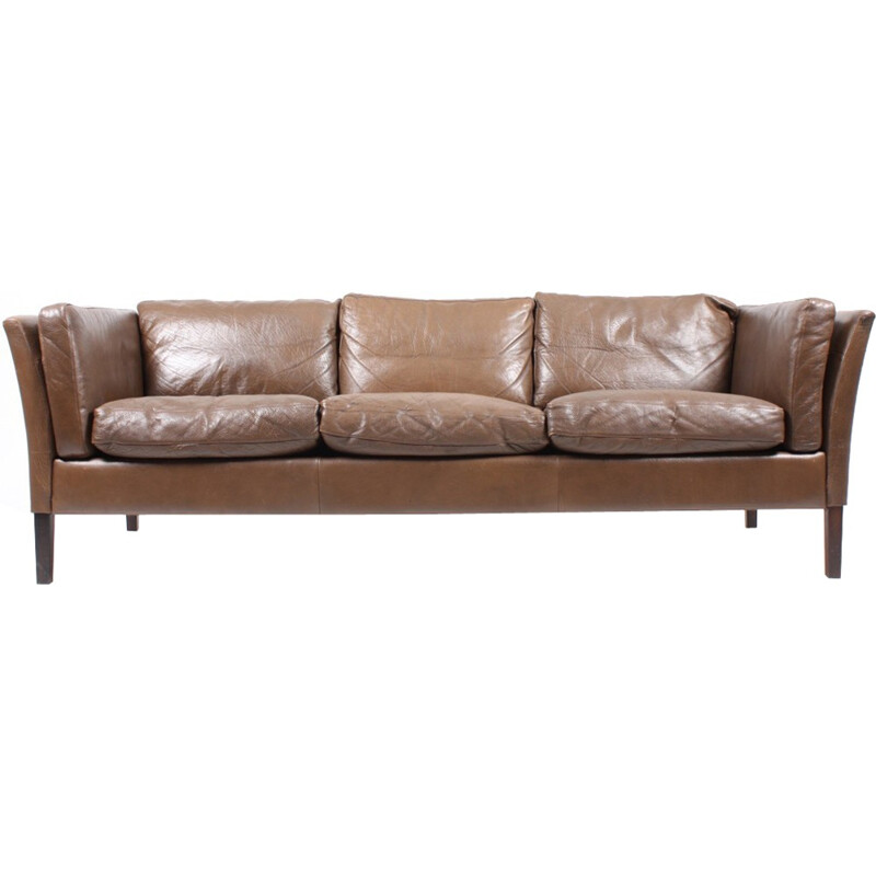 Danish Brown Leather Sofa - 1980s