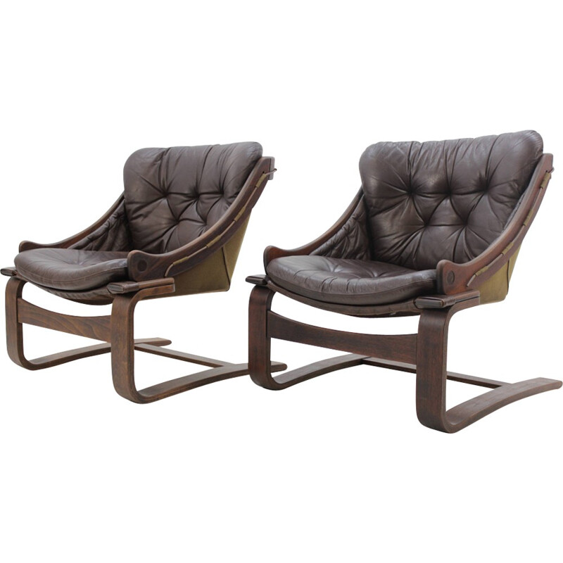 Fauteuil Lounge Scandinave en bois courbé et cuir - 1960