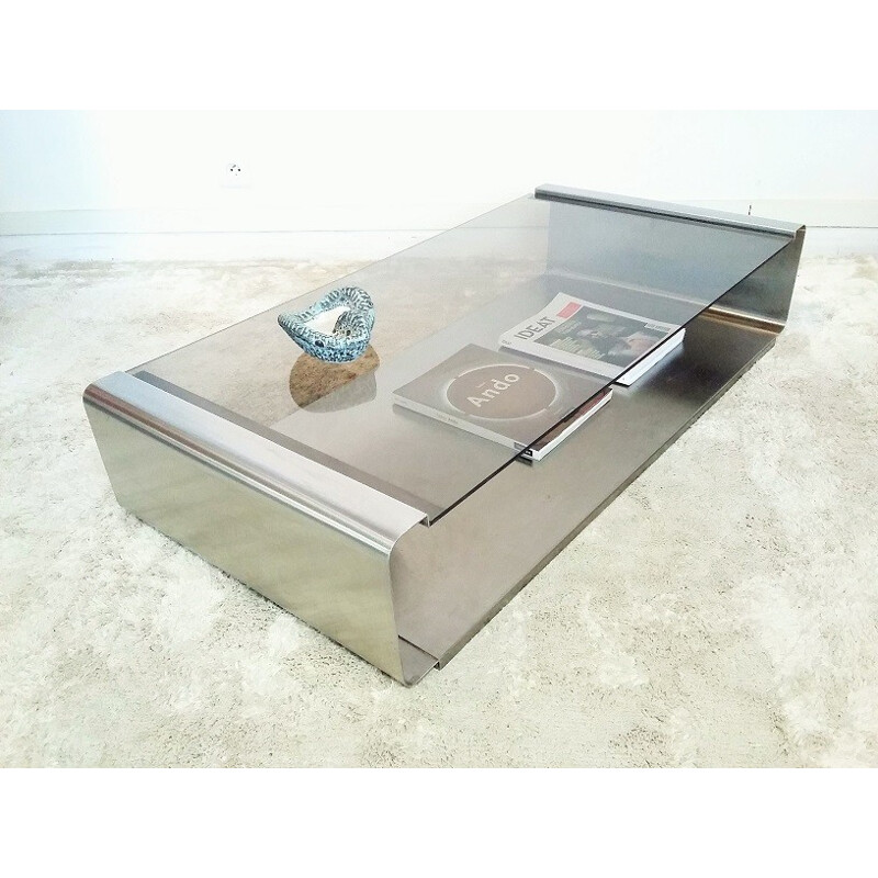 Table basse vintage en inox et verre - 1970