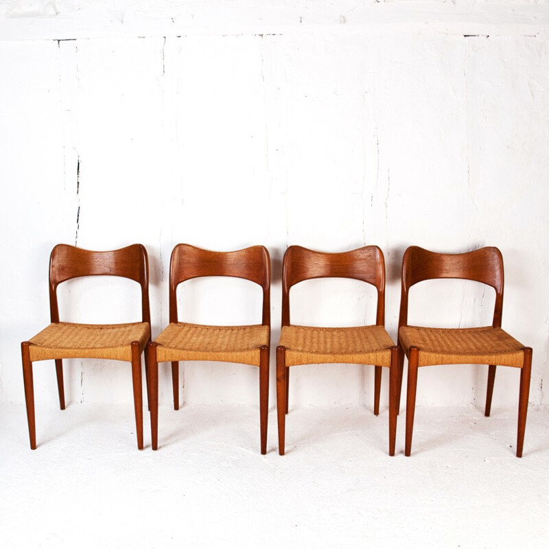 Set of 4 scandinavian chairs in teak and rope by Arne Hovmand OLSEN 1960s