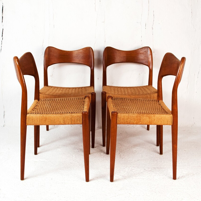 Set of 4 scandinavian chairs in teak and rope by Arne Hovmand OLSEN 1960s