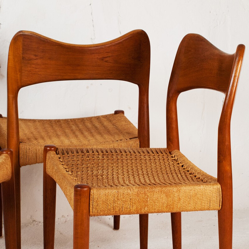 Set of 4 scandinavian chairs in teak and rope by Arne Hovmand OLSEN 1960s