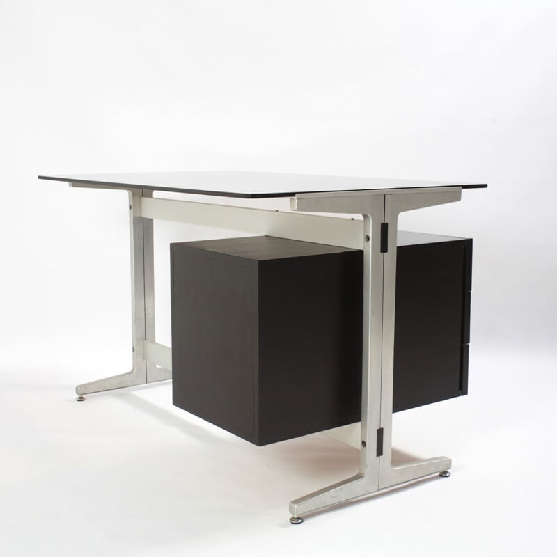 Desk in smoked glass, wood and steel by Etienne Fermigier - 1970s