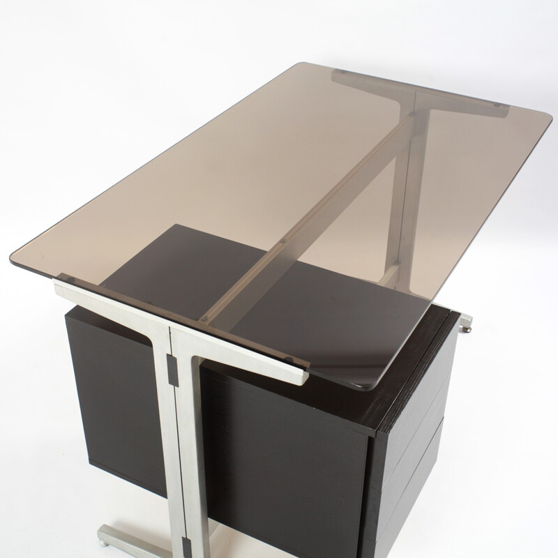 Desk in smoked glass, wood and steel by Etienne Fermigier - 1970s