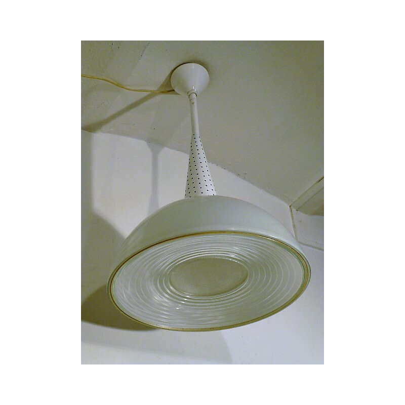 White pendant lamp in glass by Holophane - 1960s