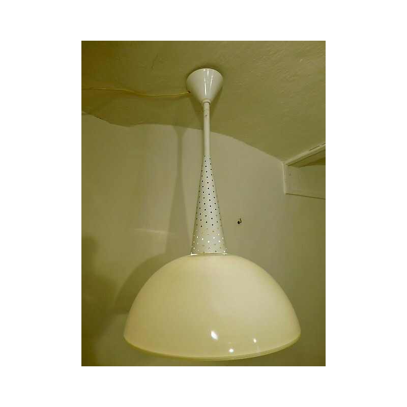 White pendant lamp in glass by Holophane - 1960s