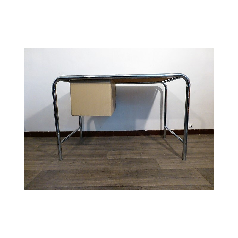 Modernist desk in skaï and chromed metal - 1970s