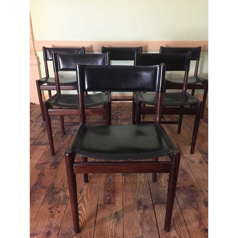 Suite de 6 chaises vintage en palissandre et cuir d'Arne Vodder pour Sibast - 1950