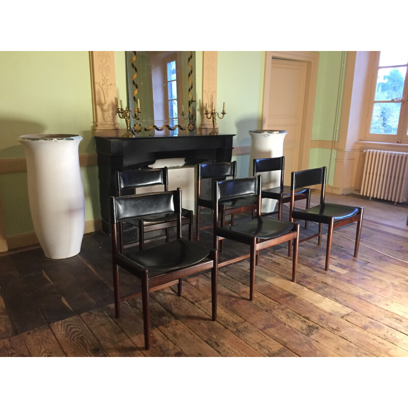 Suite de 6 chaises vintage en palissandre et cuir d'Arne Vodder pour Sibast - 1950