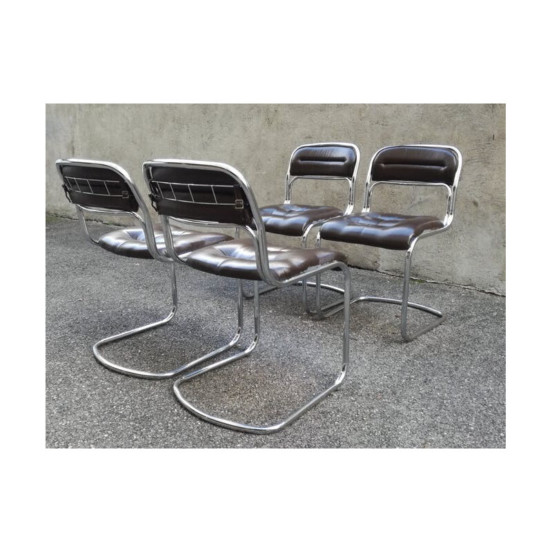 Suite de 4 chaises en métal chromé et skaï - 1970