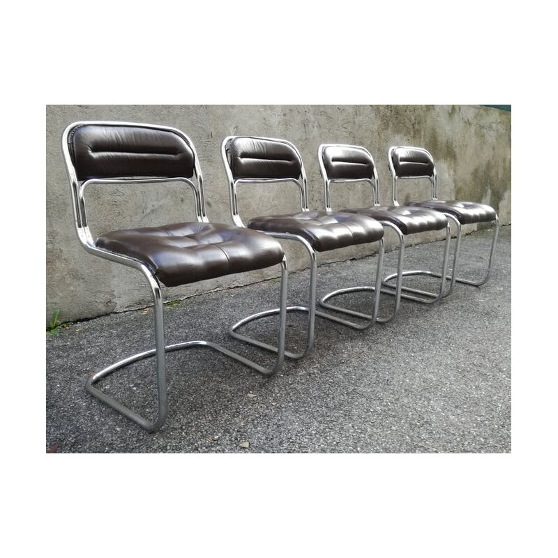Set of 4 chairs in chrome metal and skai - 1970s