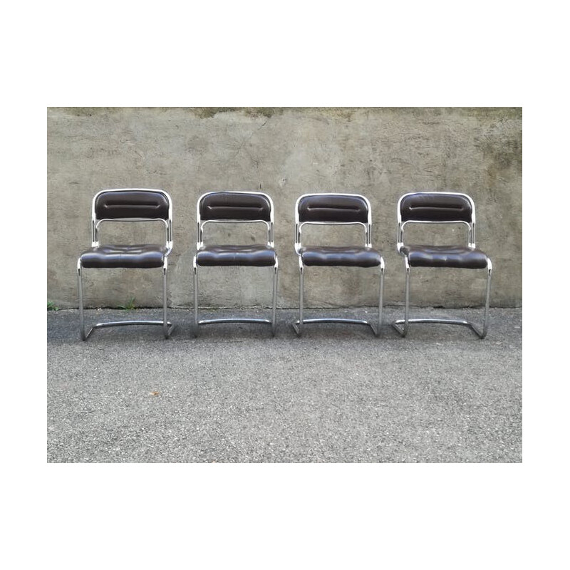 Set of 4 chairs in chrome metal and skai - 1970s