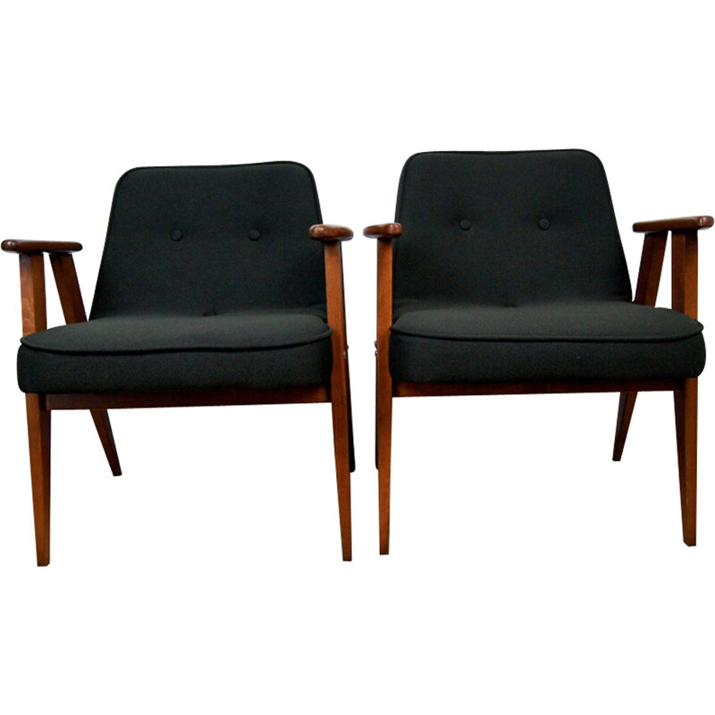 Pair of vintage black 366 armchairs by Jozef Marian Chierowski - 1960s