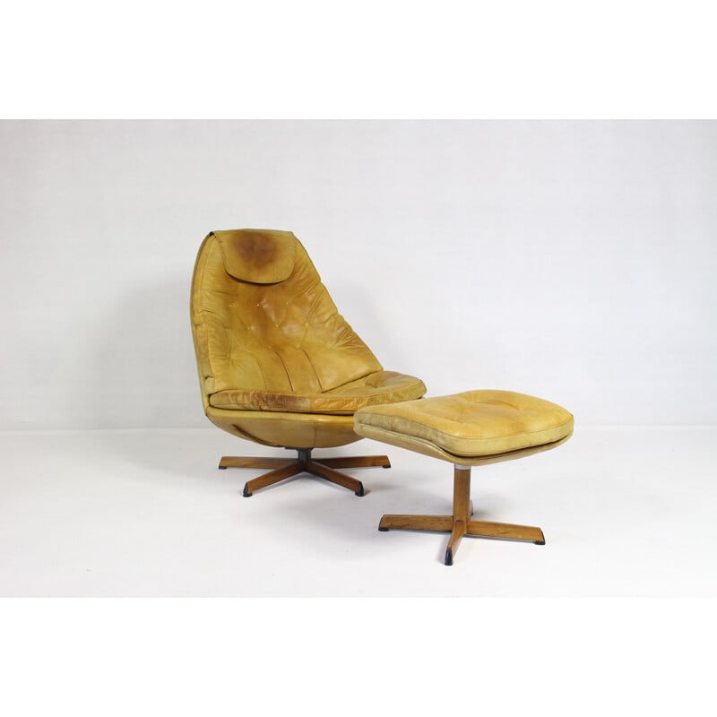 Vintage Leather Lounge Chair with Ottoman by Madsen & Schubell for Bovenkamp - 1970s