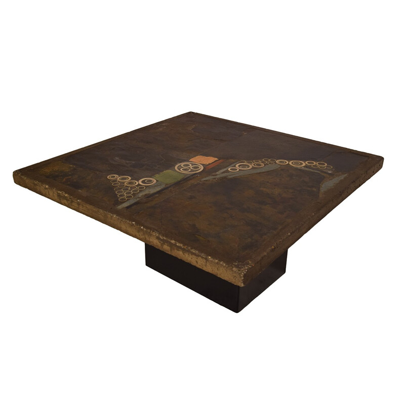 Brutalist coffee table in stone and brass by Paul Kingma - 1970s